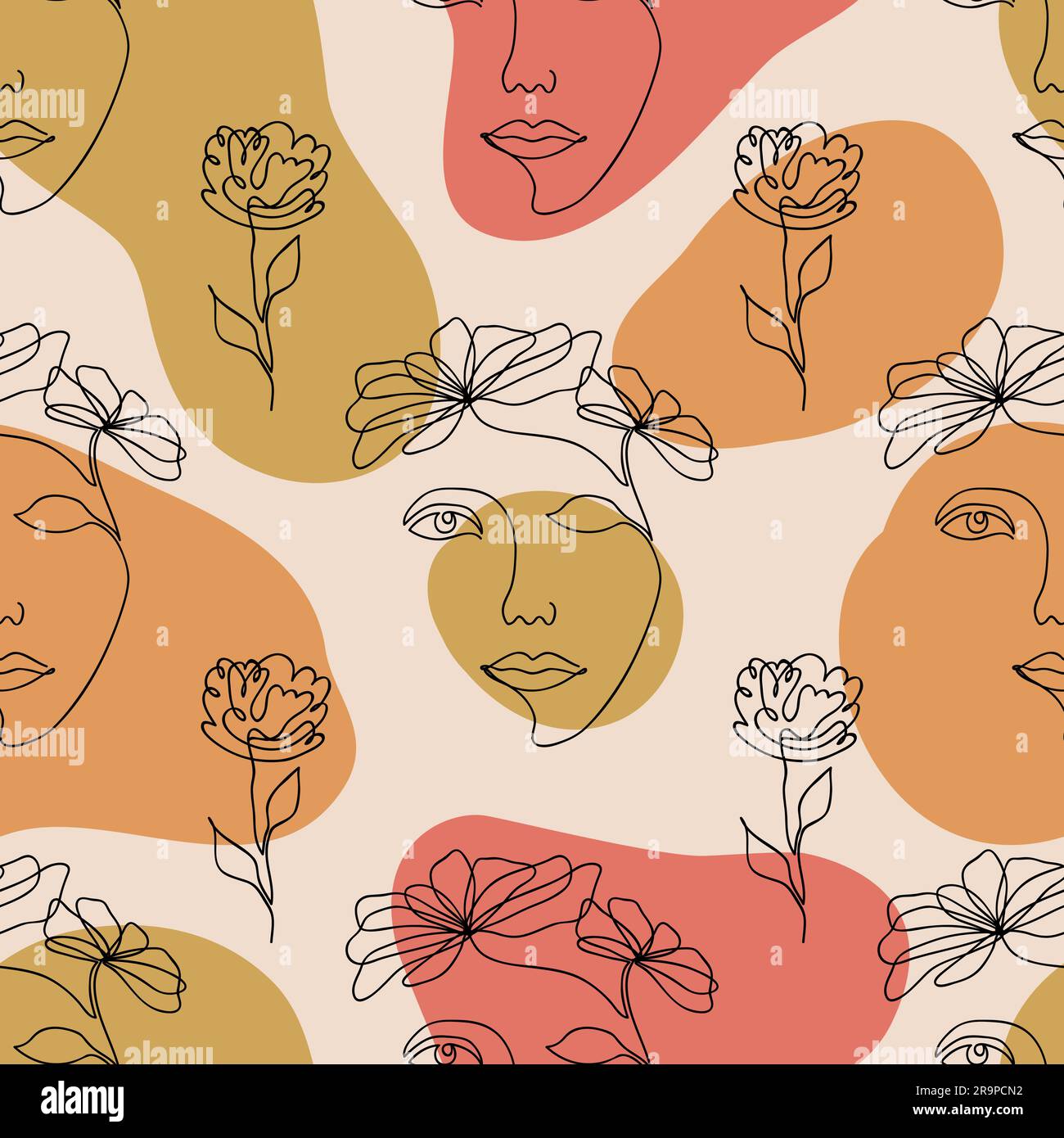Vector seamless pattern of one line drawing abstract flowers and ...