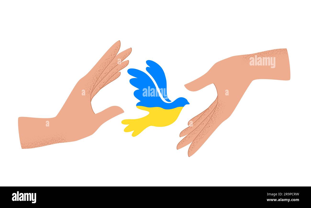 Vector illustration of human hands holding Blue and Yellow flying bird dove as a symbol of peace. Stop War concept isolated on white background. Stock Vector