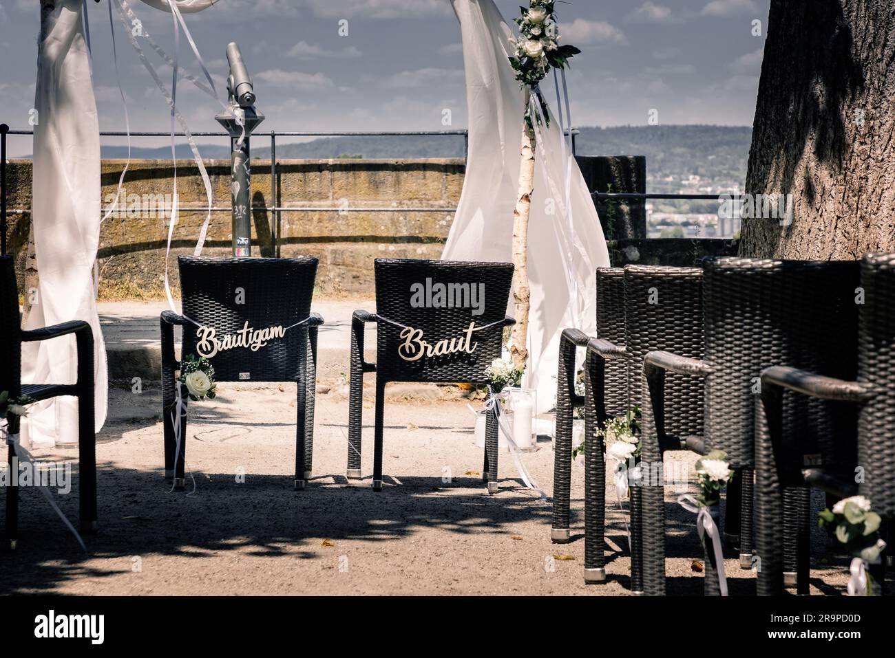 Chairs at a wedding reception for bride and groom Stock Photo - Alamy