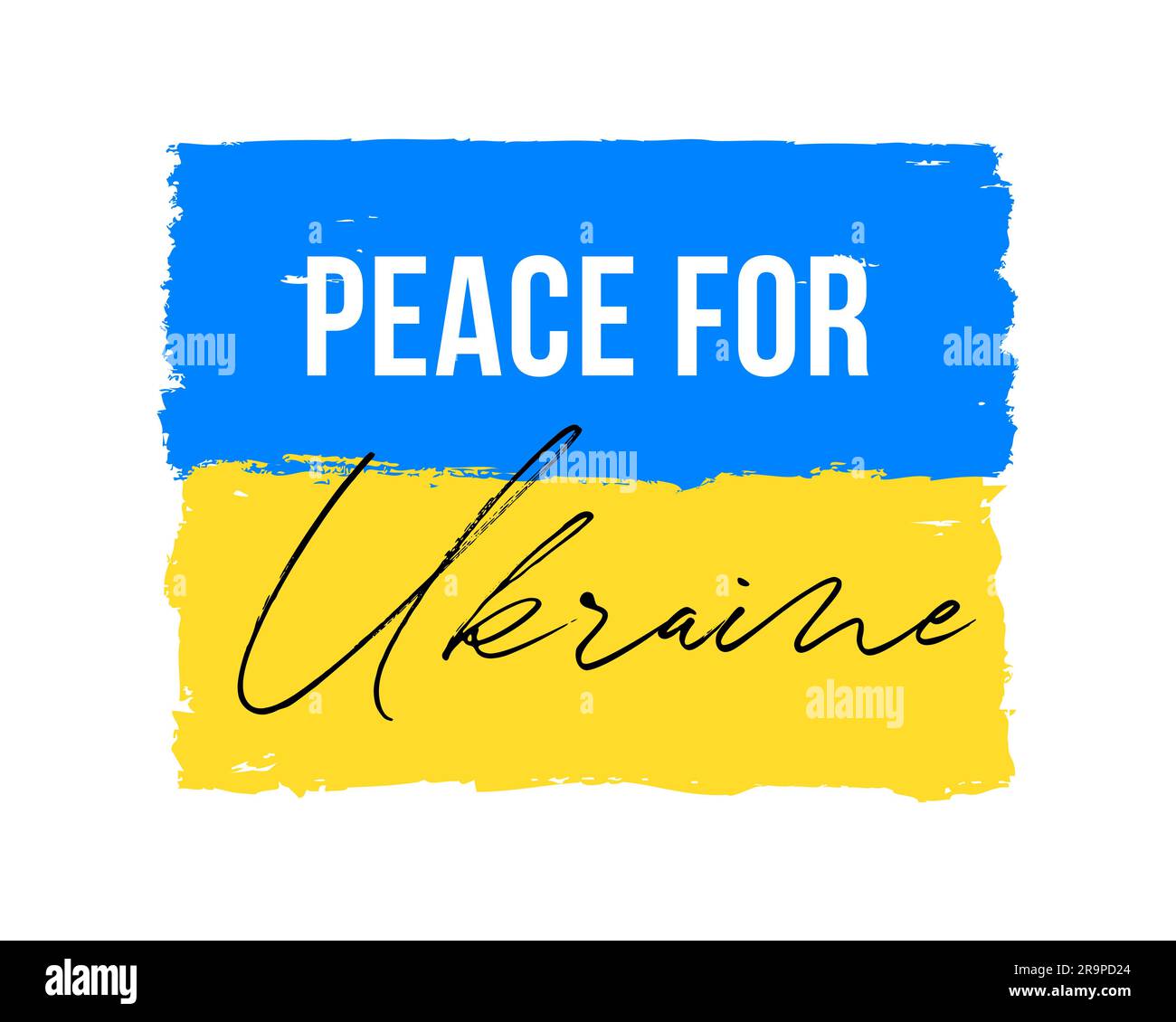 Vector illustration of Blue and Yellow Ukrainian flag with Peace for Ukraine lettering isolated on white background. Stop War concept Stock Vector