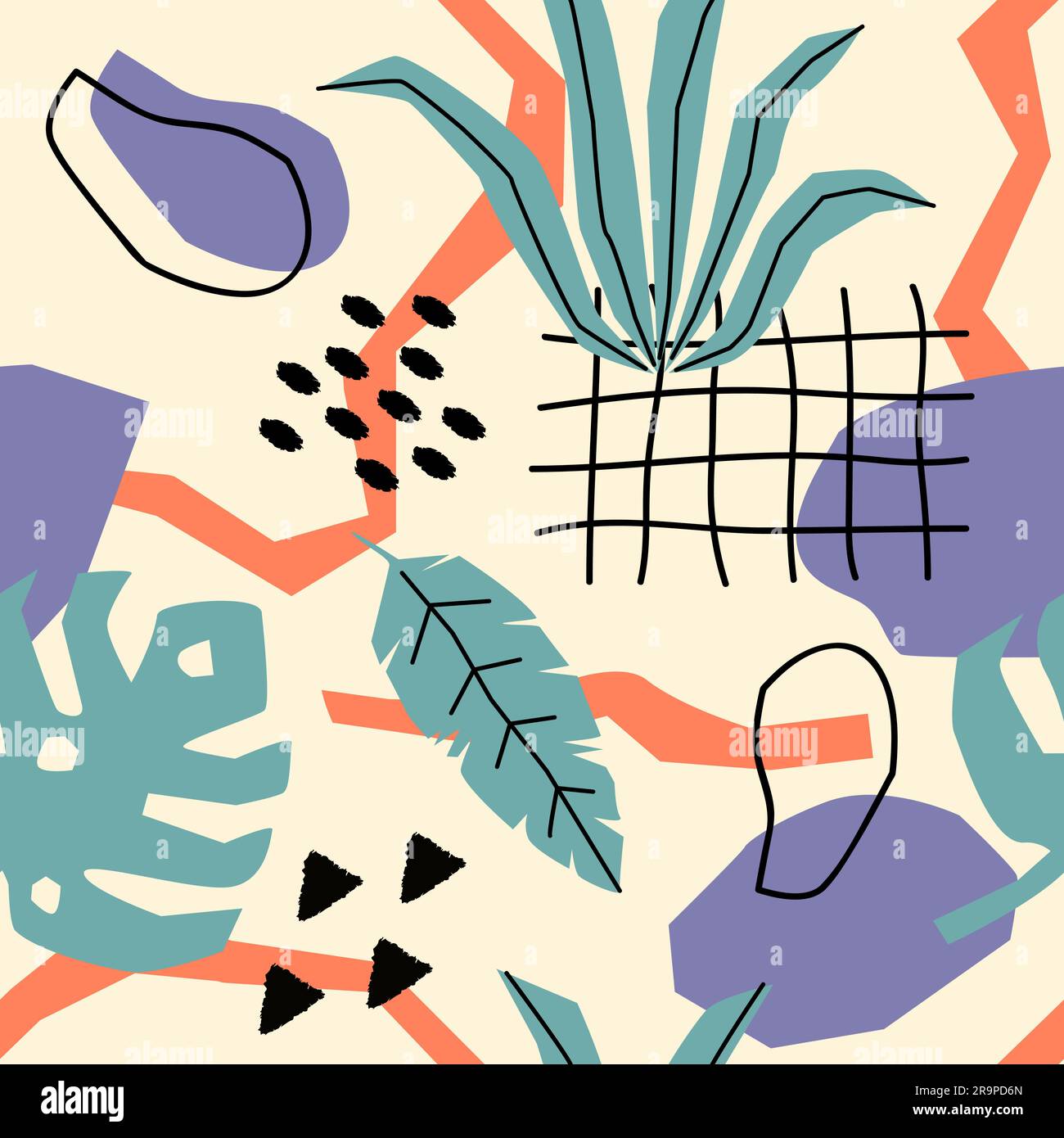 Vector seamless pattern with tropical jungle leaves, plants, various ...