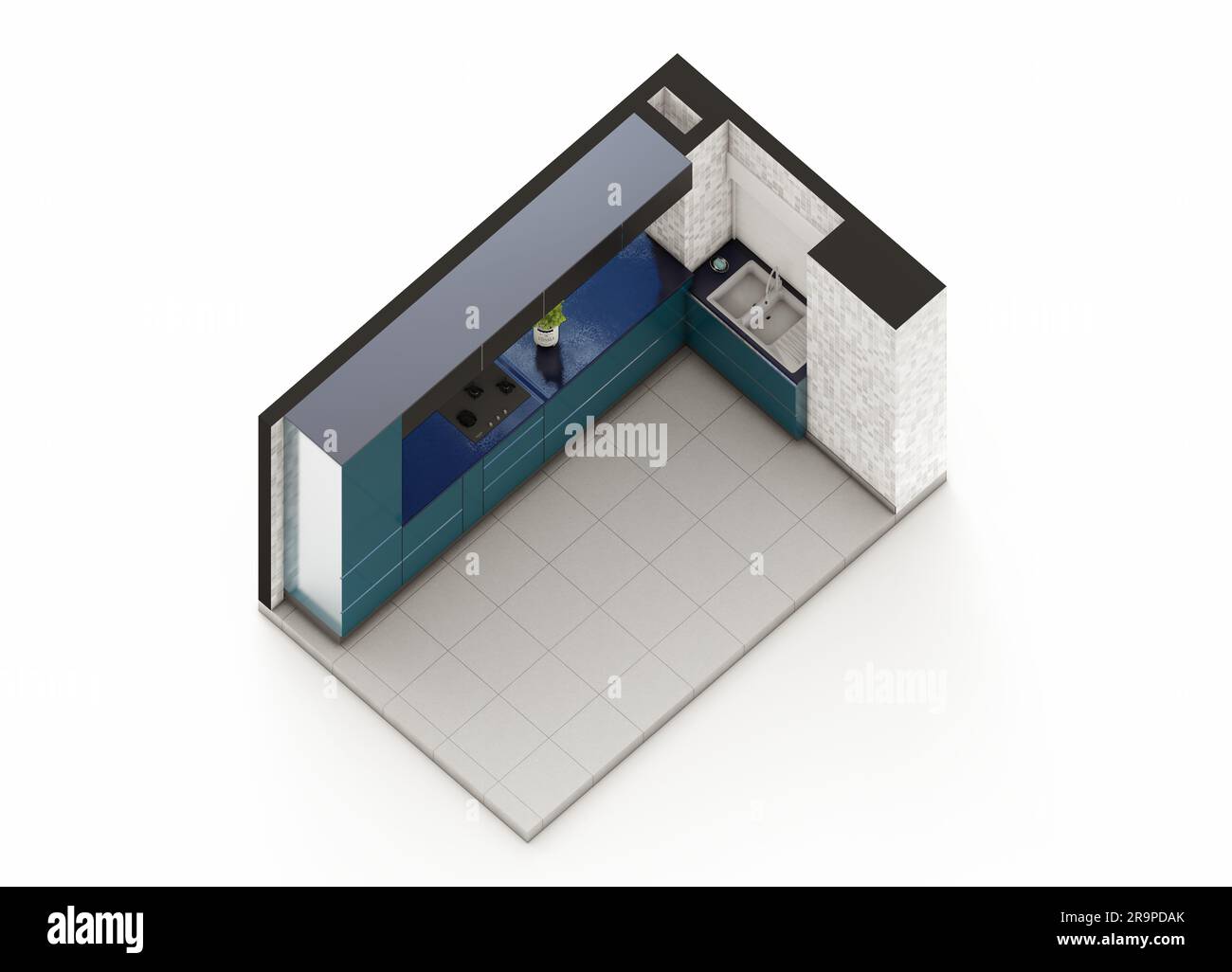 Teal green and grey kitchen cabinet isometric visualization Stock Photo