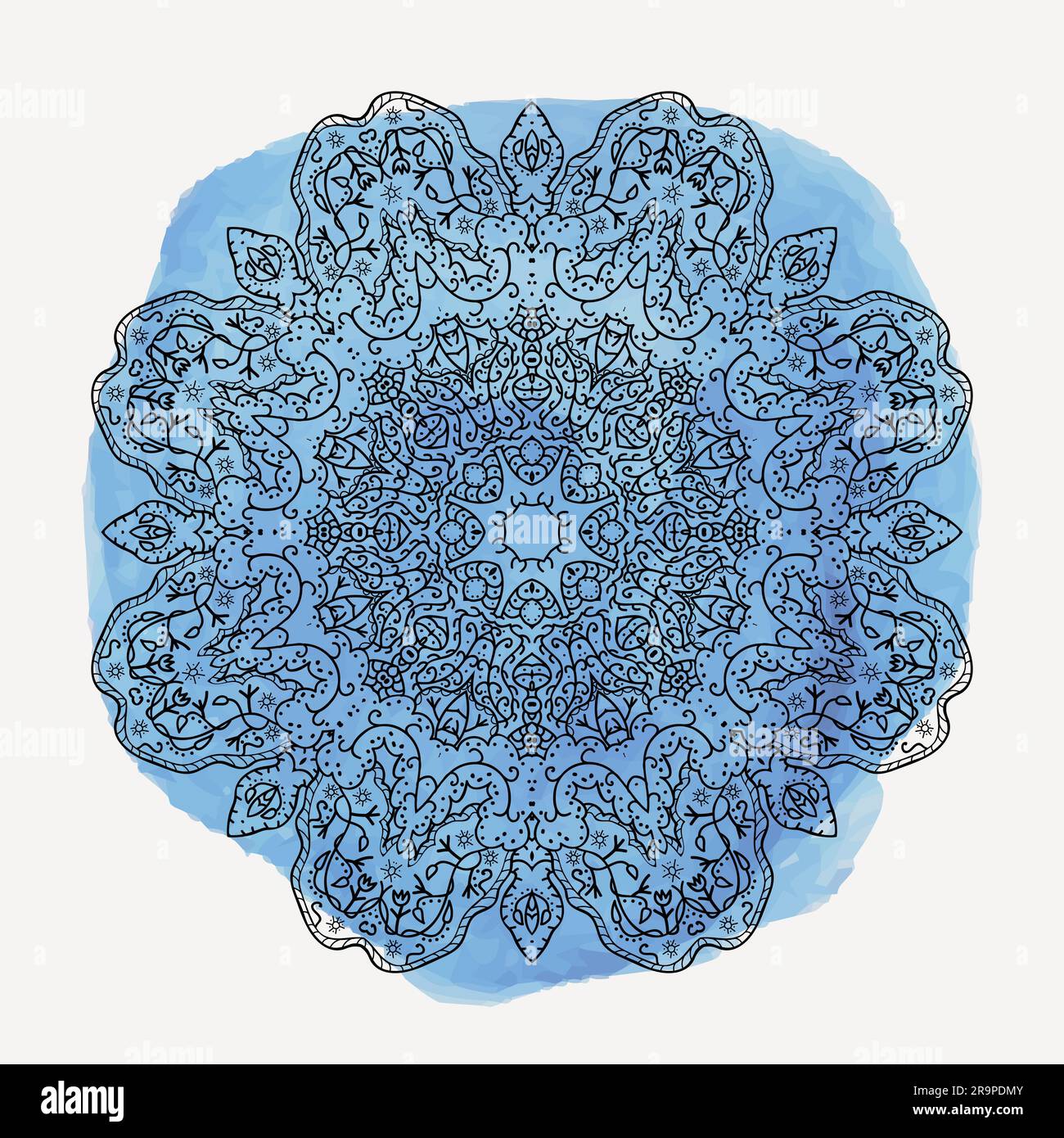 Vector illustration of round floral ornament with watercolor splash ...