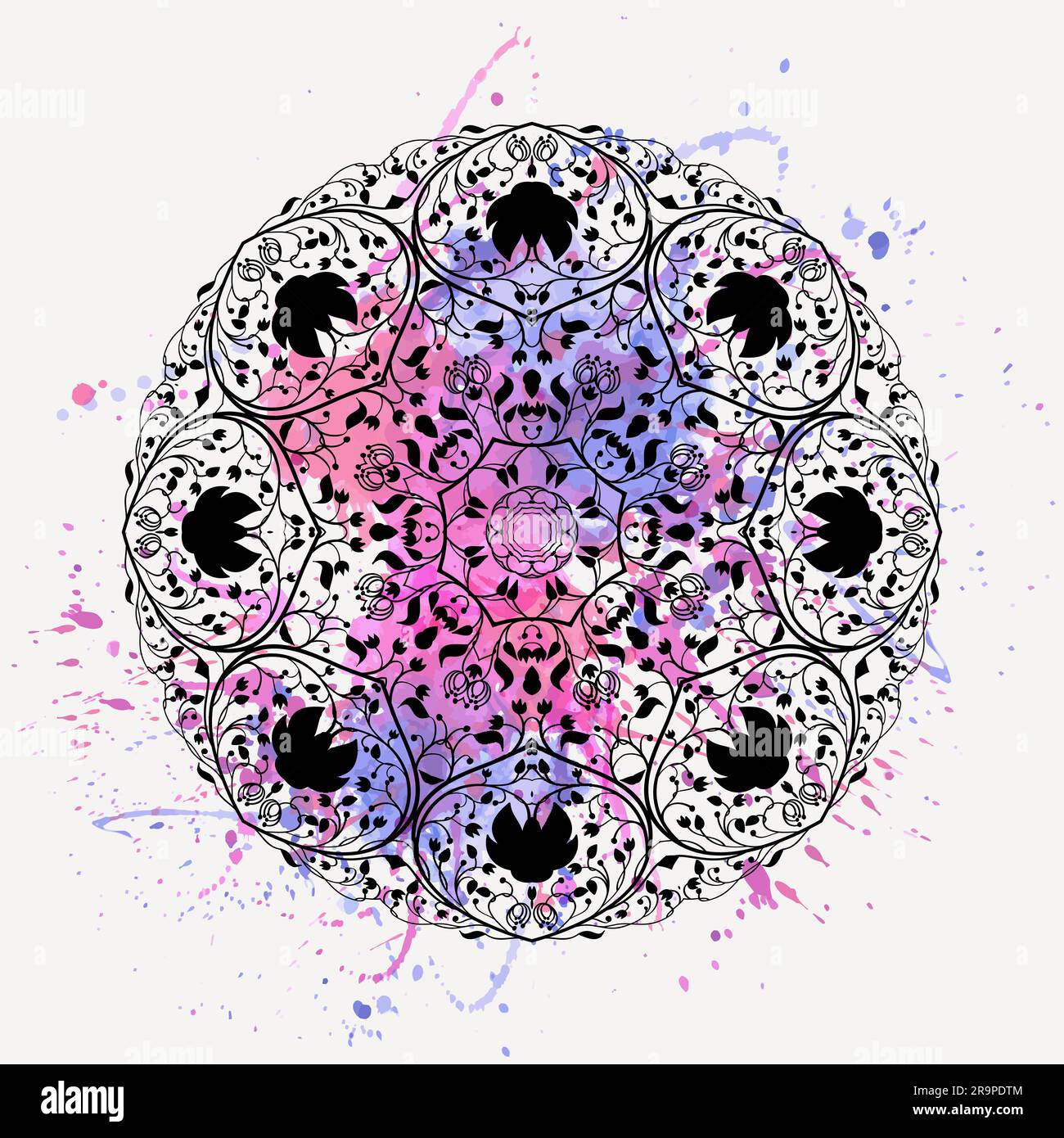 Vector illustration of round floral ornament with watercolor splash