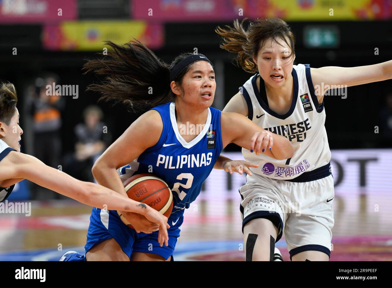 28th June 2023; The Quaycentre, Sydney Olympic Park, Sydney, NSW, Australia: FIBA Womens Asia Cup 2023, Chinese Taipei versus Philippines; Afril Bernardino of the Philippines drives to the basket under pressure from Yu-Hsuan Wu of Chinese Taipei Stock Photo