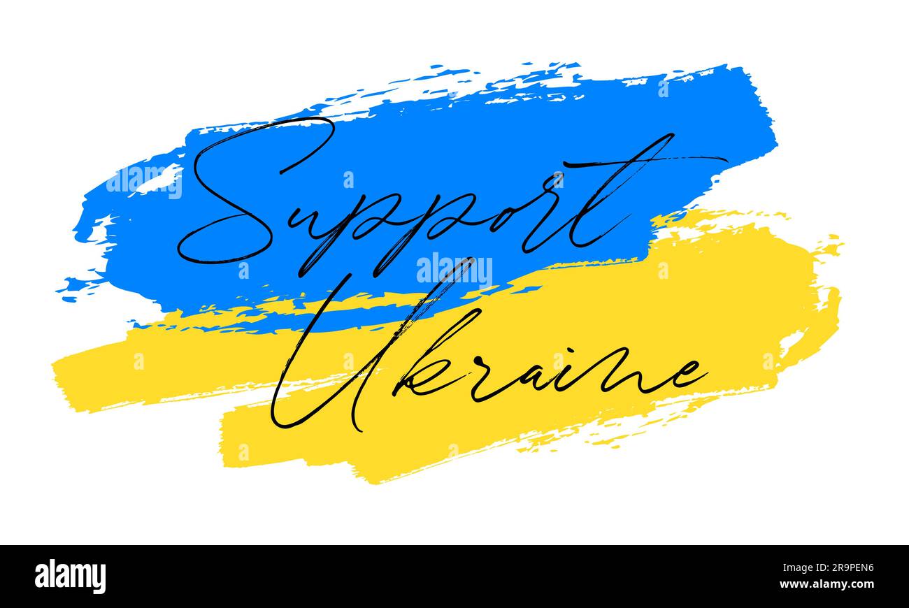 Vector illustration of Blue and Yellow Ukrainian flag with Support Ukraine lettering isolated on white background. Stop War concept Stock Vector