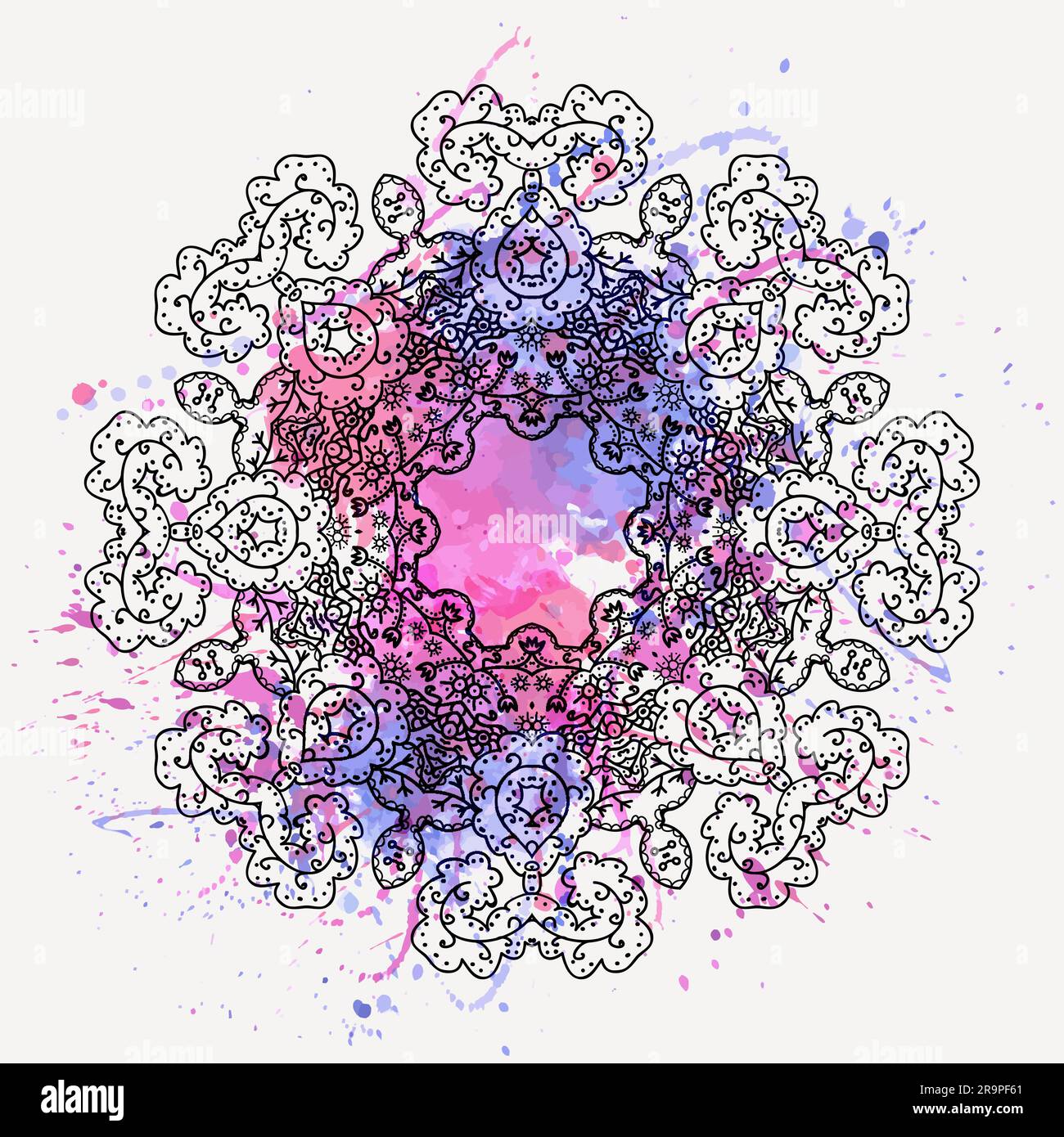 Vector illustration of round floral ornament with watercolor splash ...