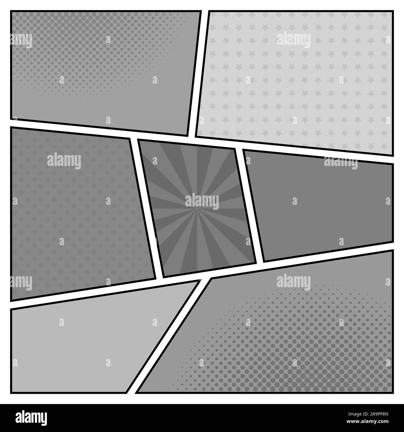 Vector black and white template of retro comic book page with rays