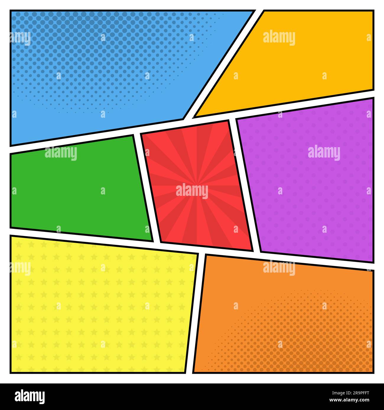 Vector colorful template of comic book page with rays, stars, dots