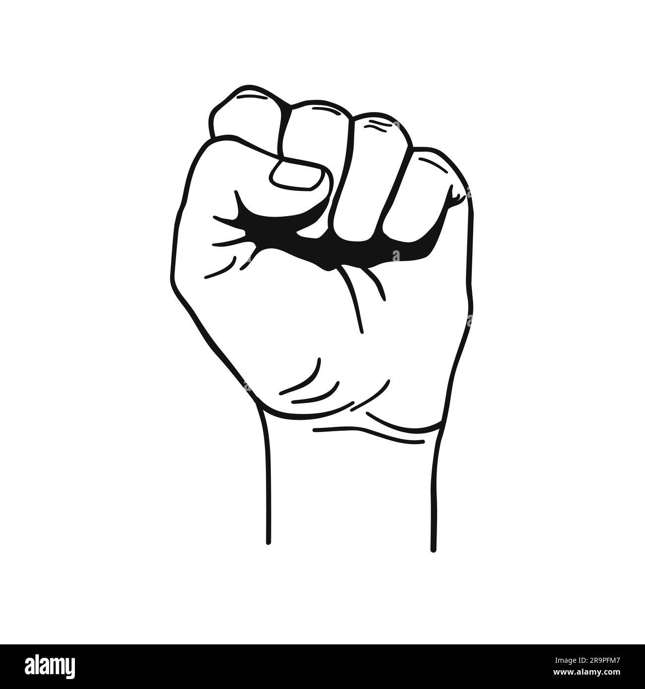 Vector black and white illustration of clenched fist held high in