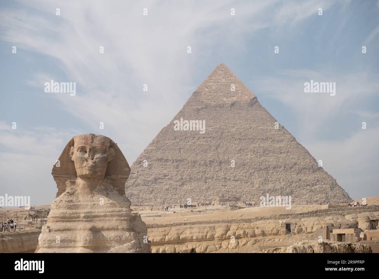 The Great Sphinx of Giza with the Great Pyramid in the Background Stock ...