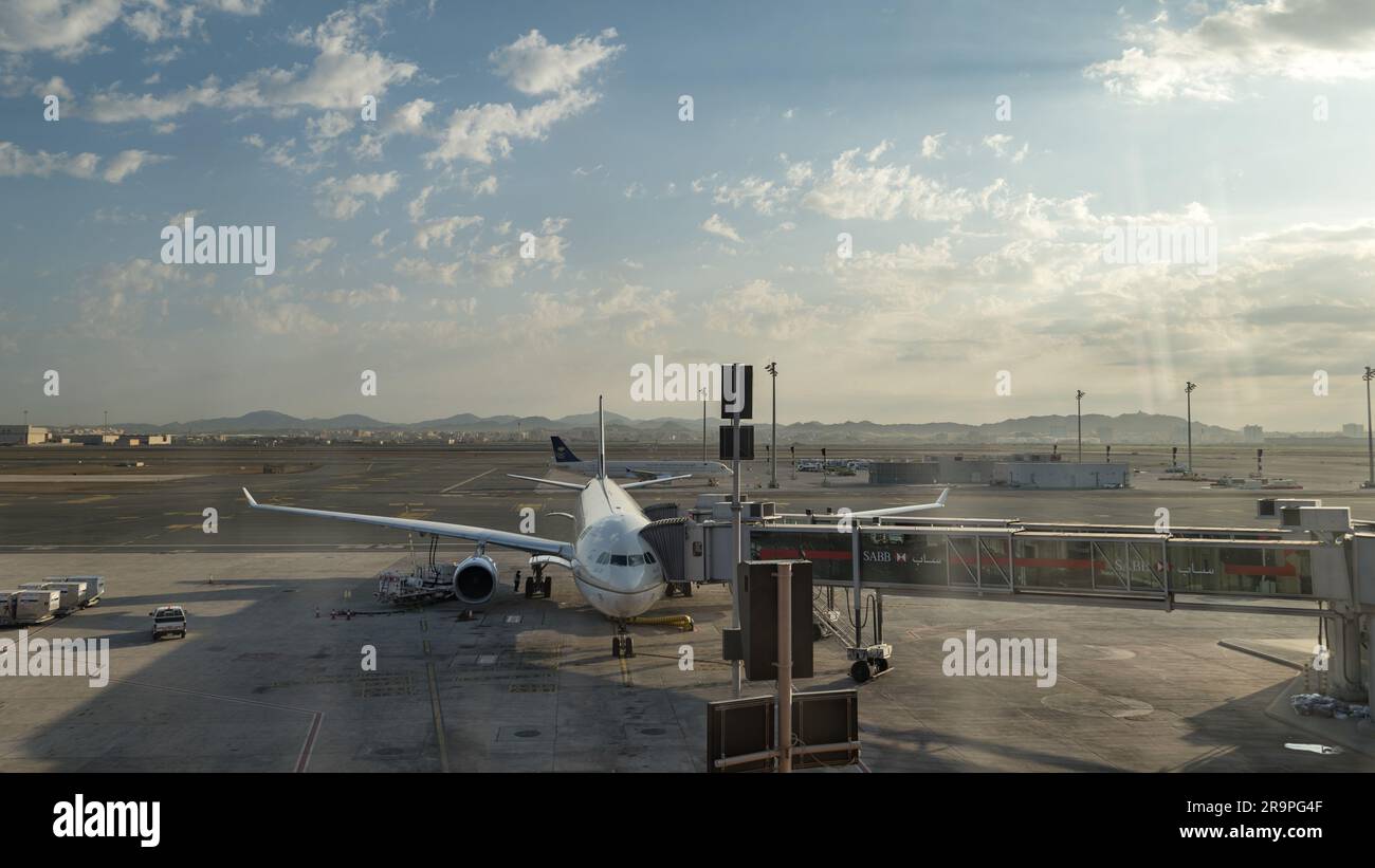 Jeddah, Saudi Arabia: 1-13-2023: Saudia airplane on the runway Stock Photo