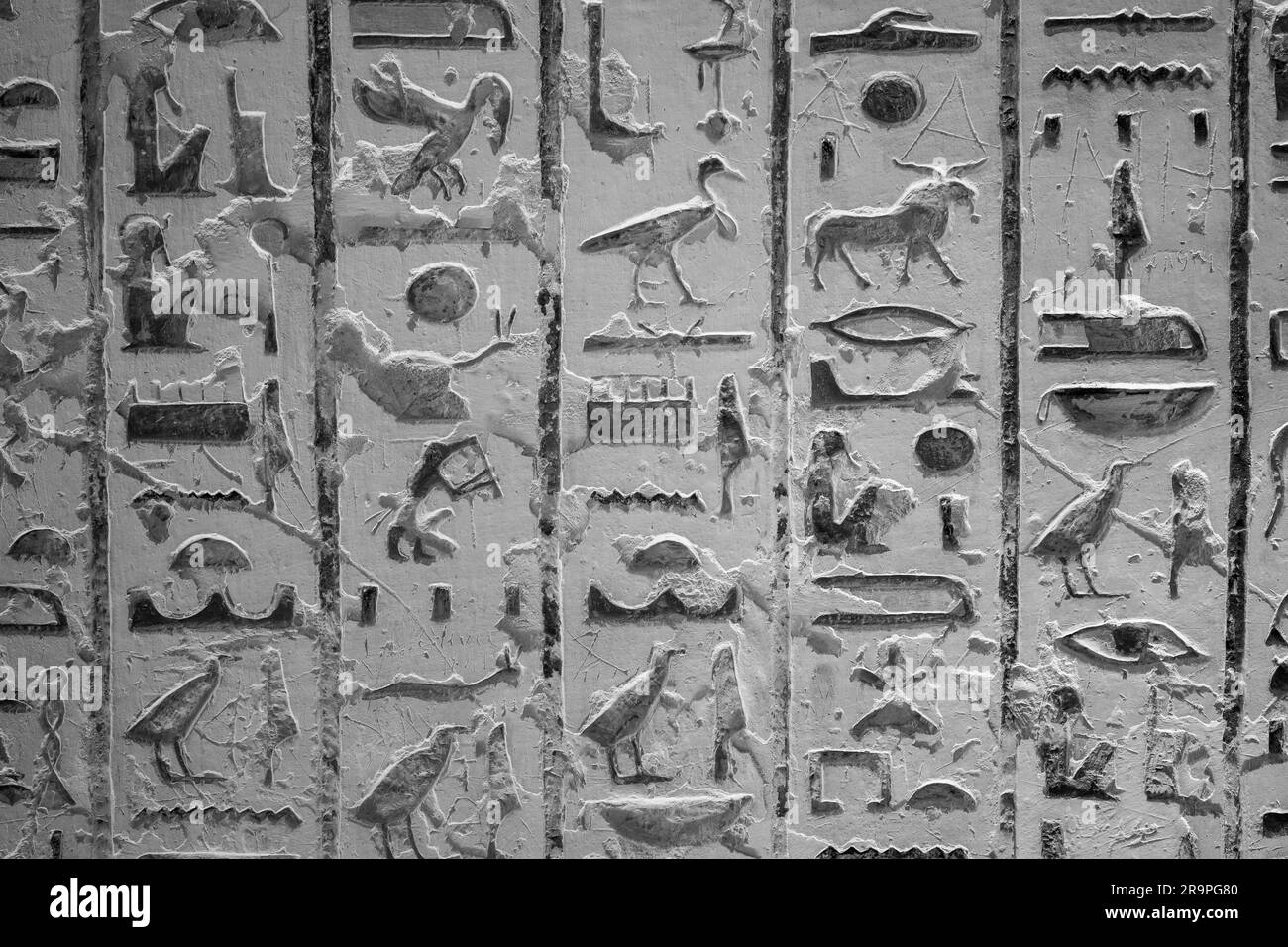 Egyptian hieroglyphs in the valley of the kings Black and White Stock ...