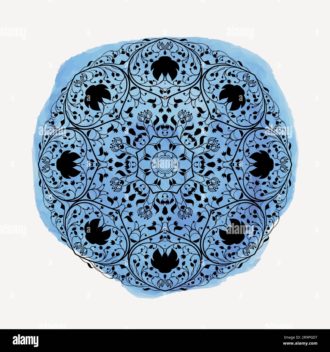 Vector illustration of round floral ornament with watercolor splash ...