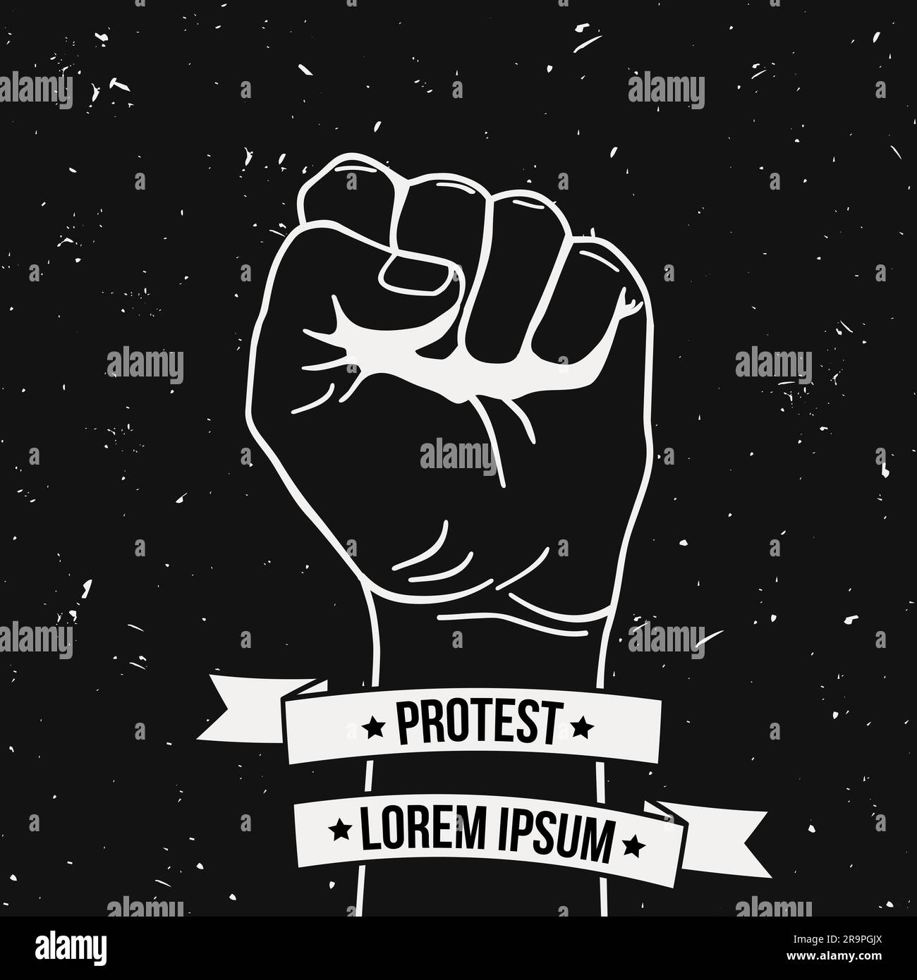 Vector Monochrome Illustration Of Clenched Fist Held High In Protest With Ribbon And Place For 6949