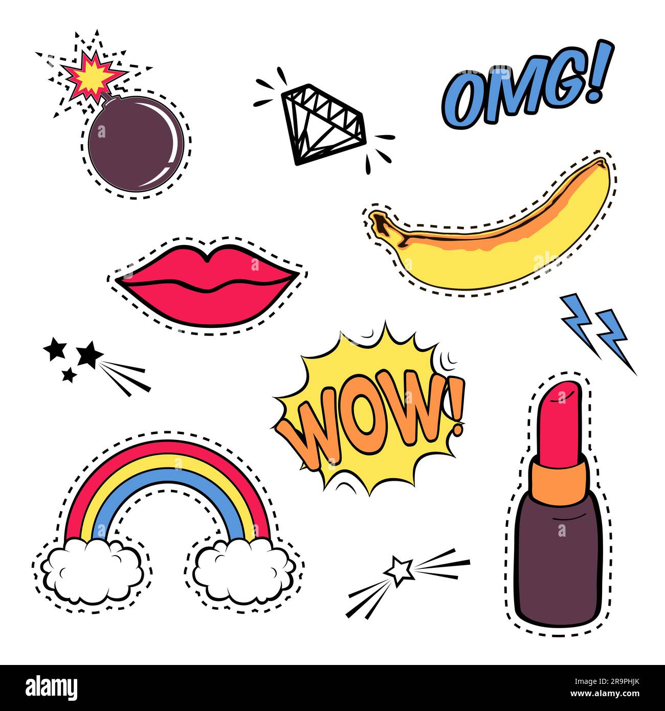 Cute Colourful Girl Vector Fashion Patches Lipstick Rainbow