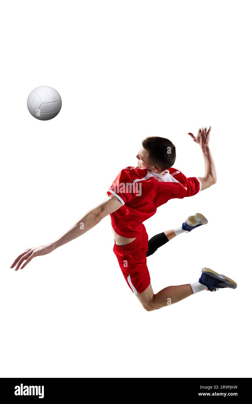 Dynamic image of young sportive man, professional volleyball player in