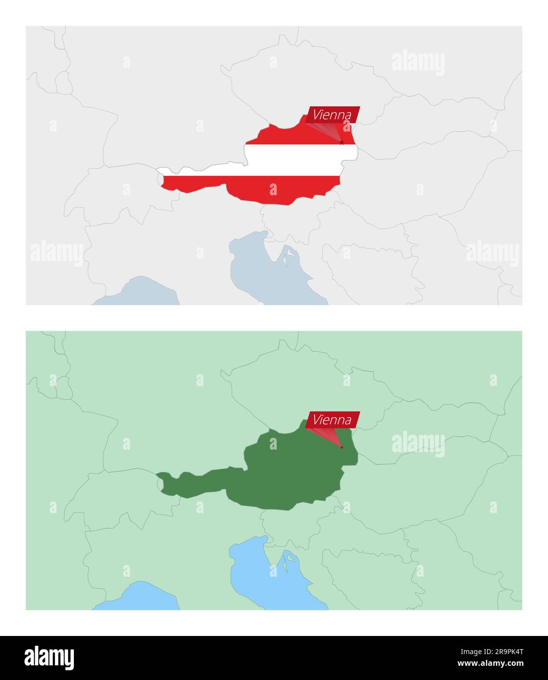 Austria map with pin of country capital. Two types of Austria map with neighboring countries. Vector template. Stock Vector