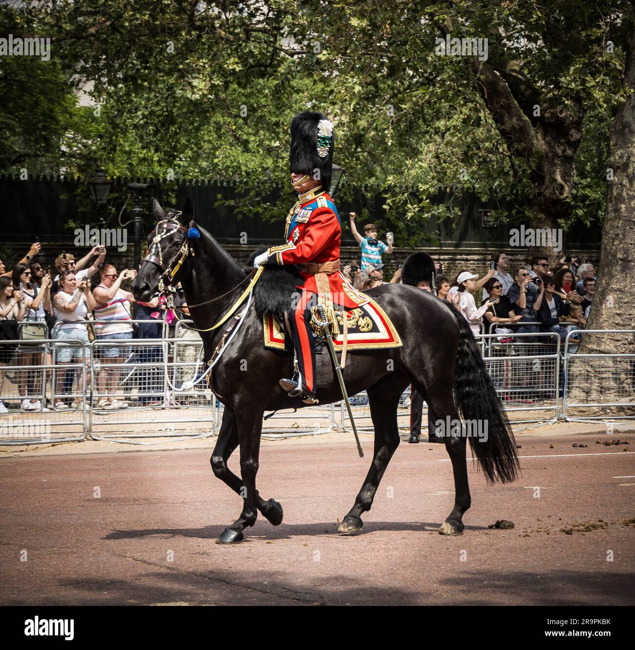 The King Charles III on a horse during his first Trooping the Colour