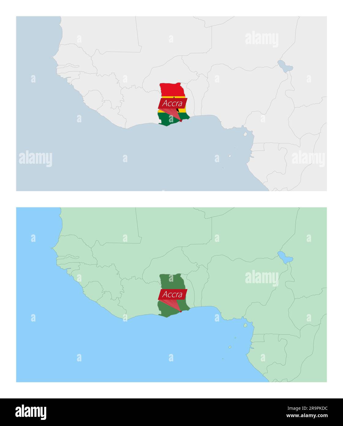 Ghana map with pin of country capital. Two types of Ghana map with