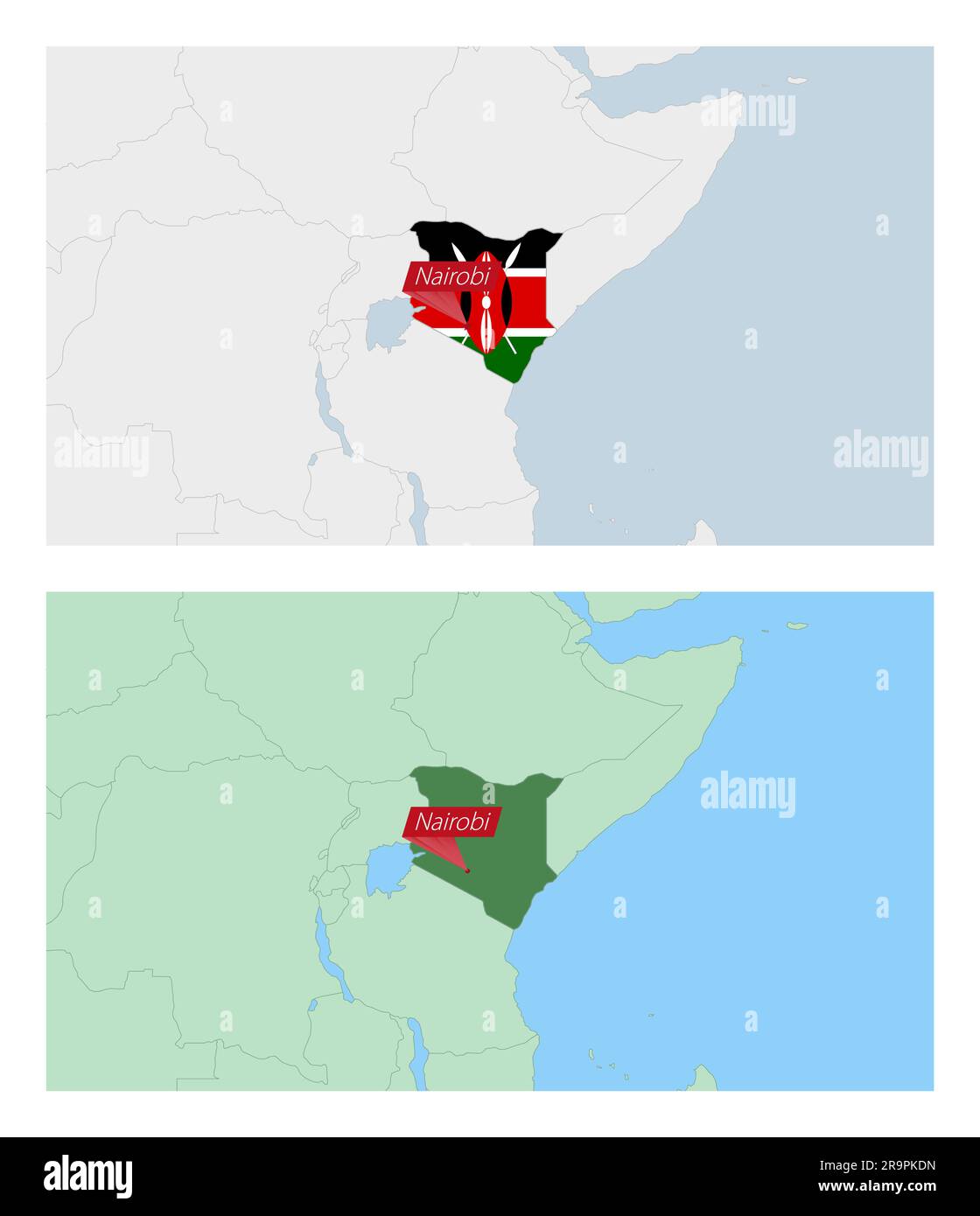 Kenya map with pin of country capital. Two types of Kenya map with neighboring countries. Vector template. Stock Vector