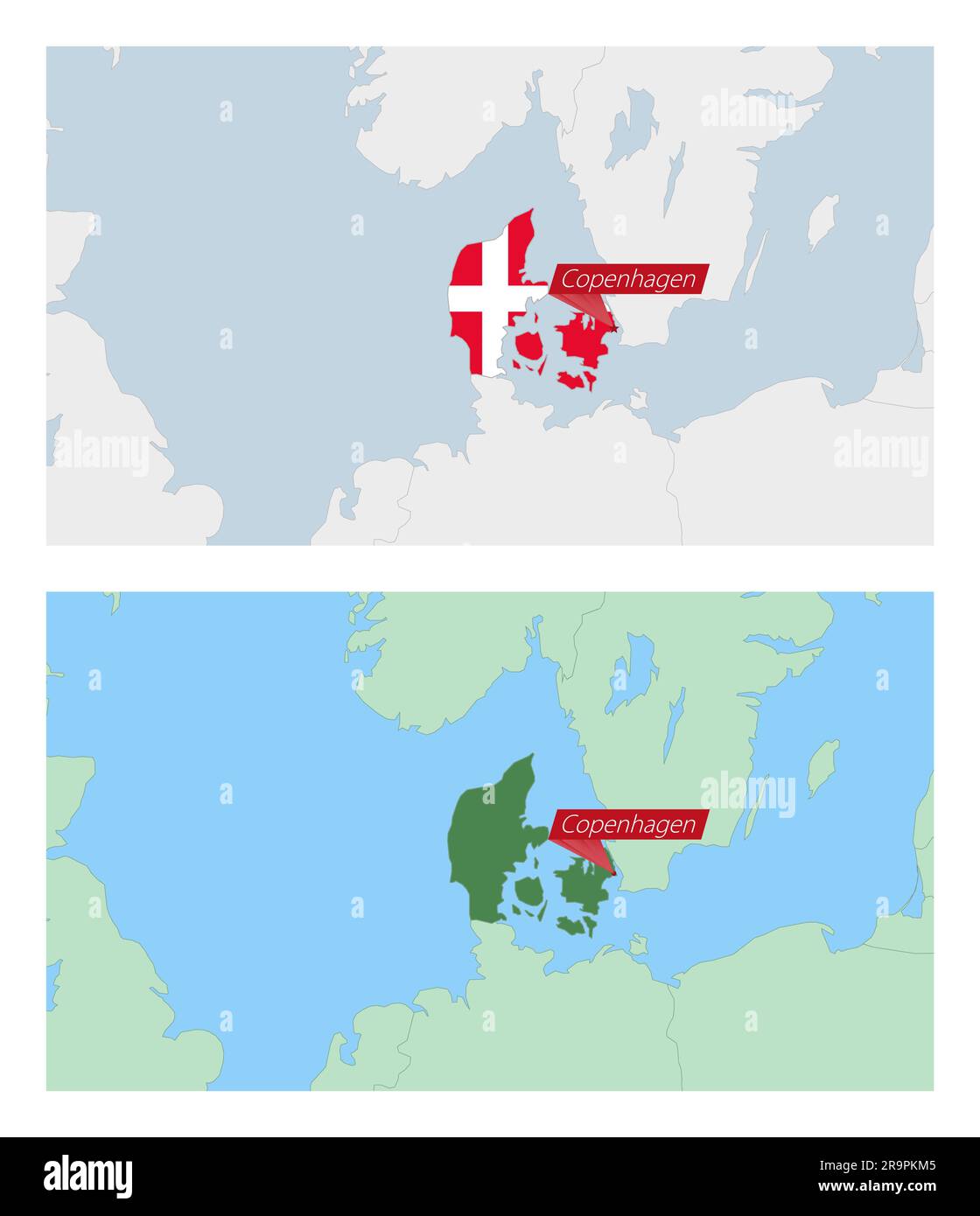 Denmark map with pin of country capital. Two types of Denmark map with