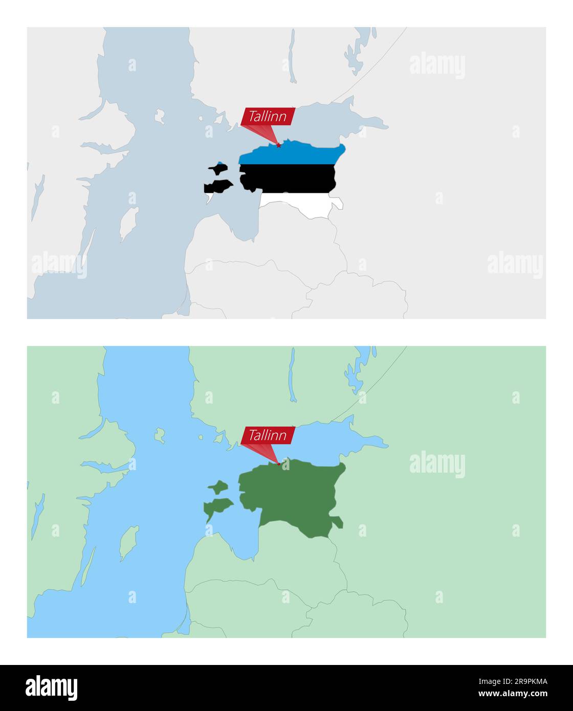 Estonia map with pin of country capital. Two types of Estonia map with neighboring countries. Vector template. Stock Vector