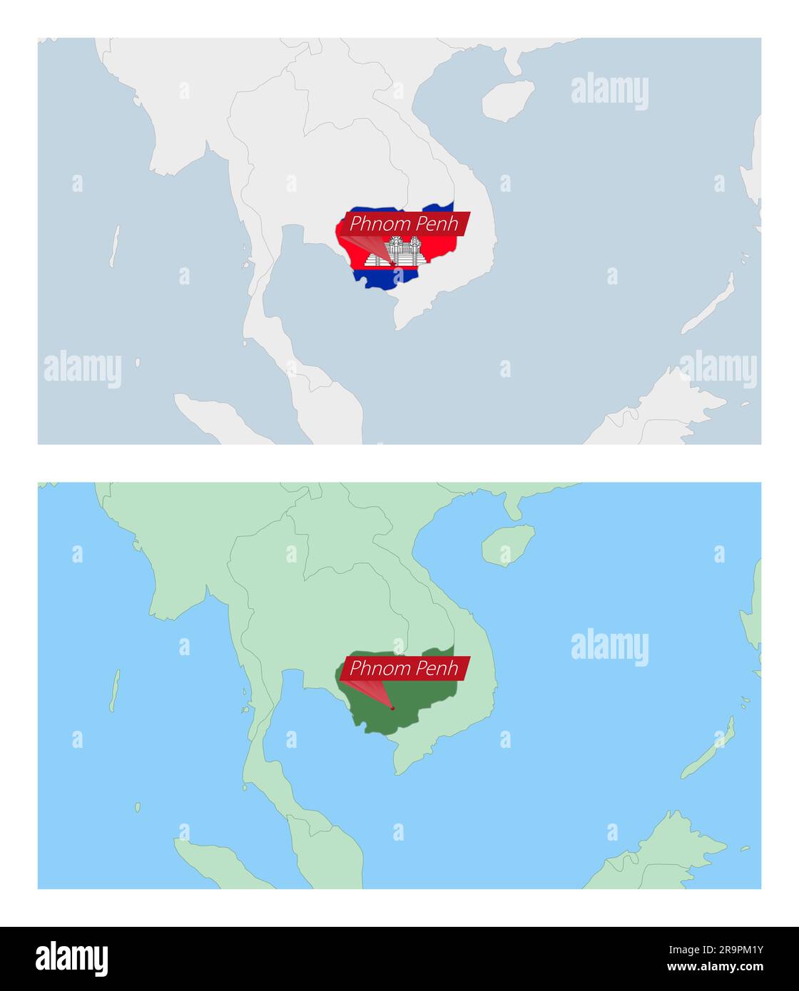 Cambodia map with pin of country capital. Two types of Cambodia map