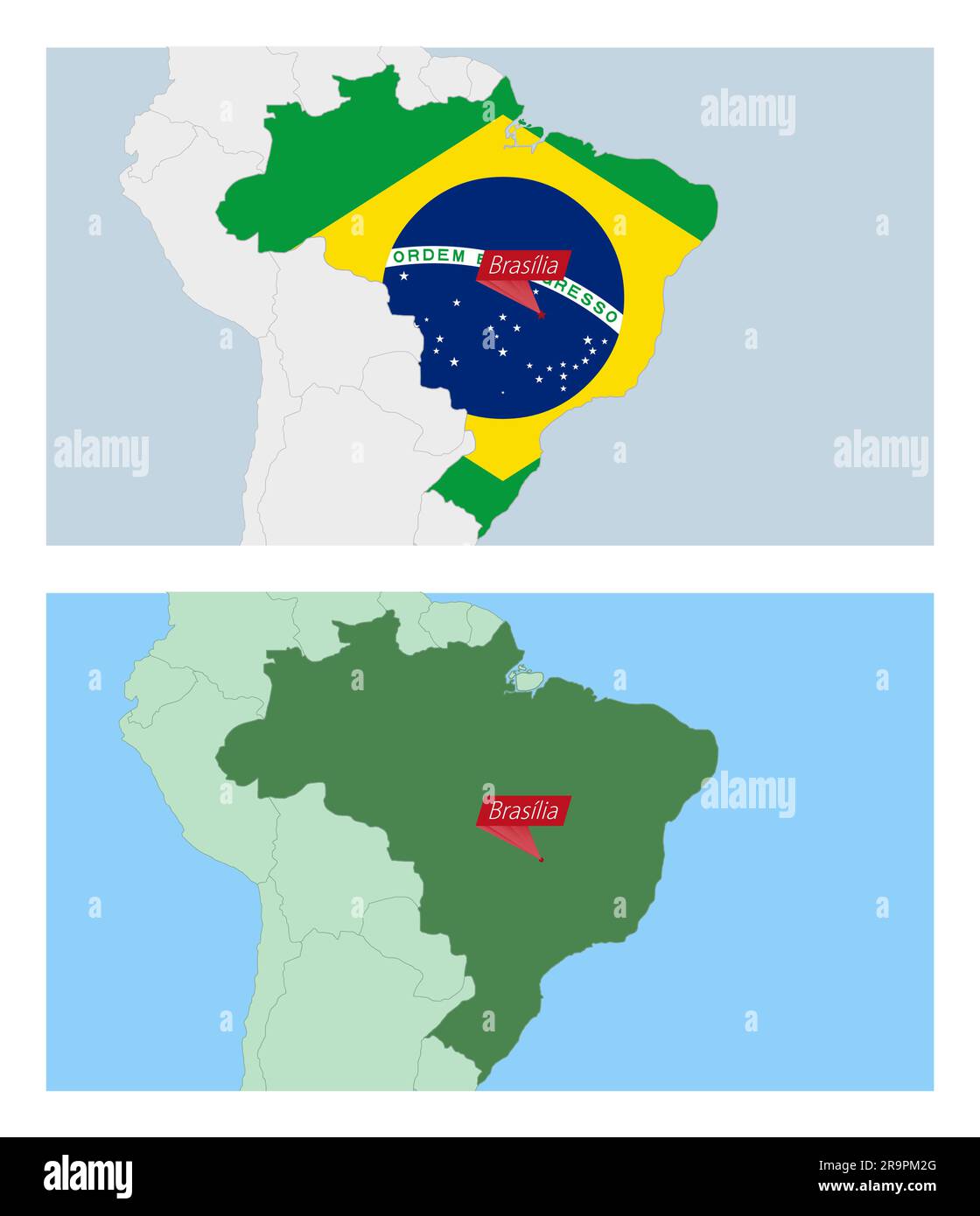 Brazil map with pin of country capital. Two types of Brazil map with ...