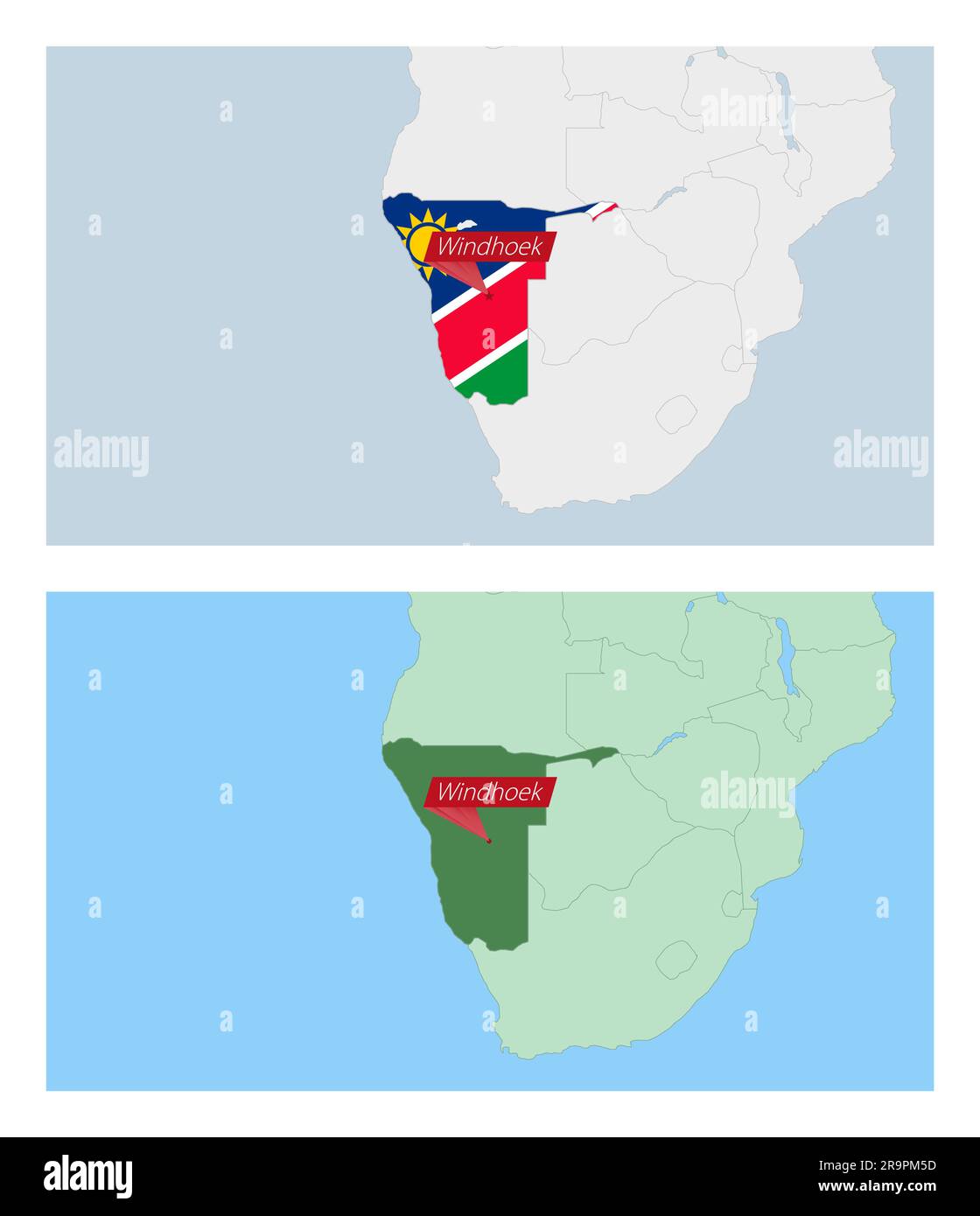 Namibia map with pin of country capital. Two types of Namibia map with neighboring countries