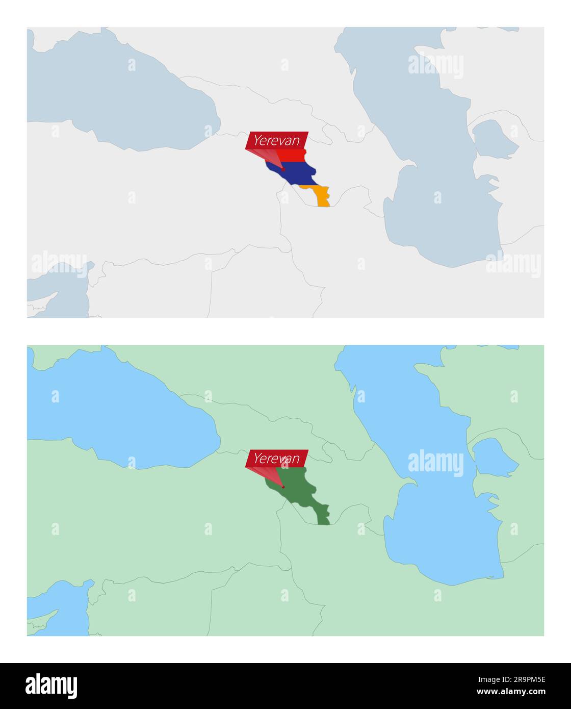 Armenia map with pin of country capital. Two types of Armenia map with neighboring countries. Vector template. Stock Vector