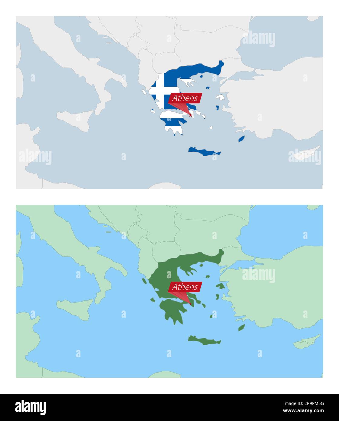 Greece map with pin of country capital. Two types of Greece map with