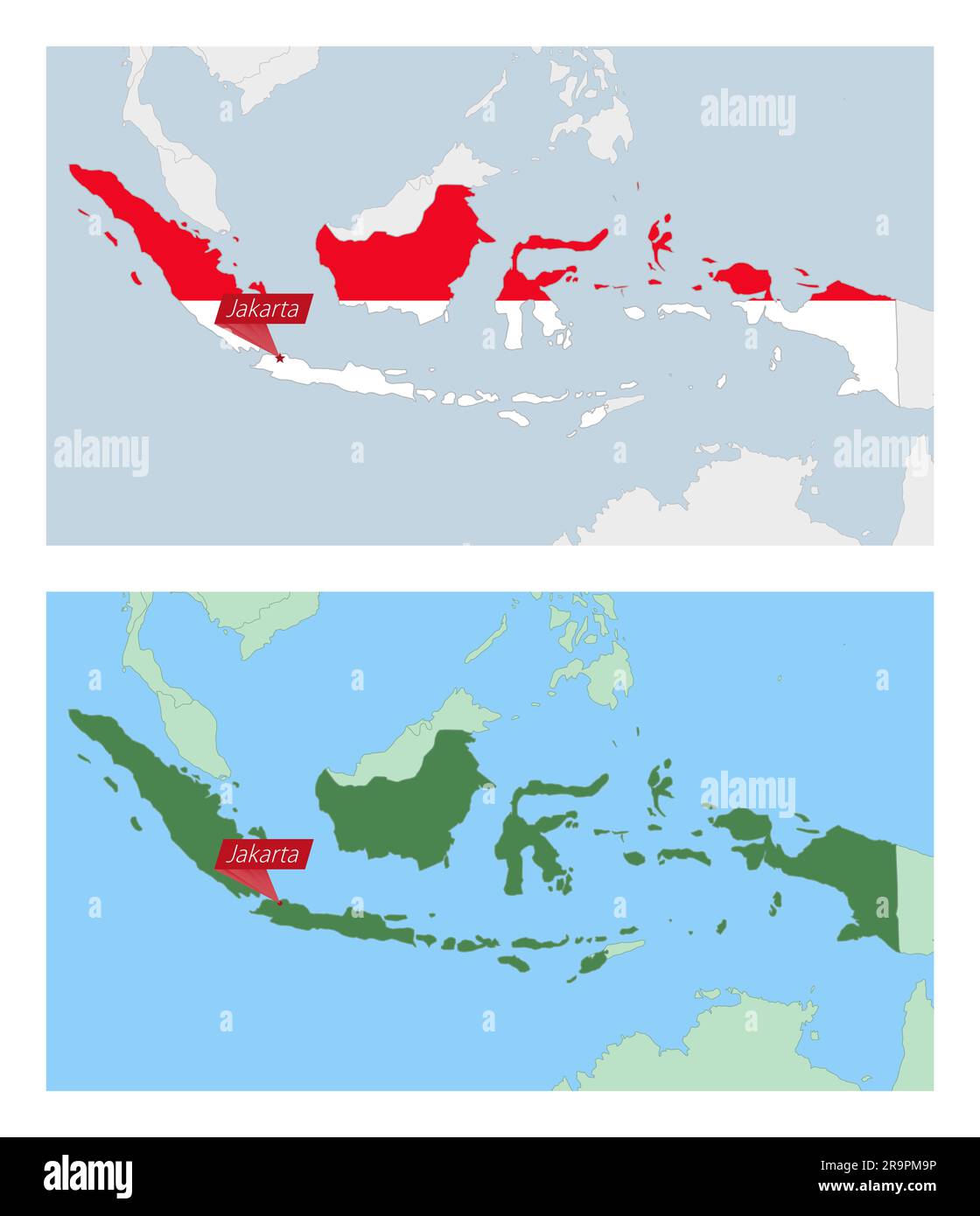 Indonesia map with pin of country capital. Two types of Indonesia map with neighboring countries. Vector template. Stock Vector