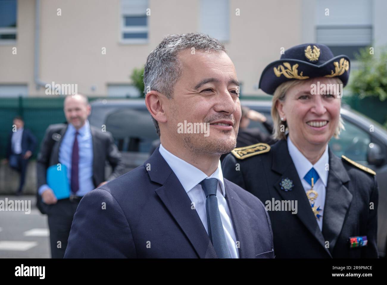 France, Villefranche sur Saone, 2023-06-23. Gerald Darmanin, Minister of the Interior, came to inaugurate the police station. The minister arrived wit Stock Photo