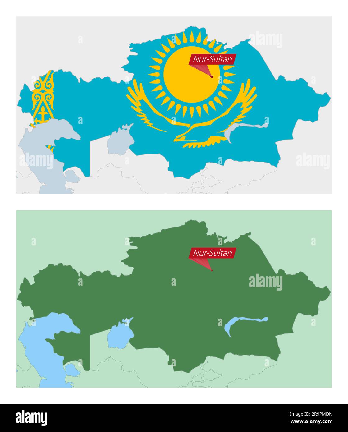 Kazakhstan map with pin of country capital. Two types of Kazakhstan map with neighboring countries. Vector template. Stock Vector