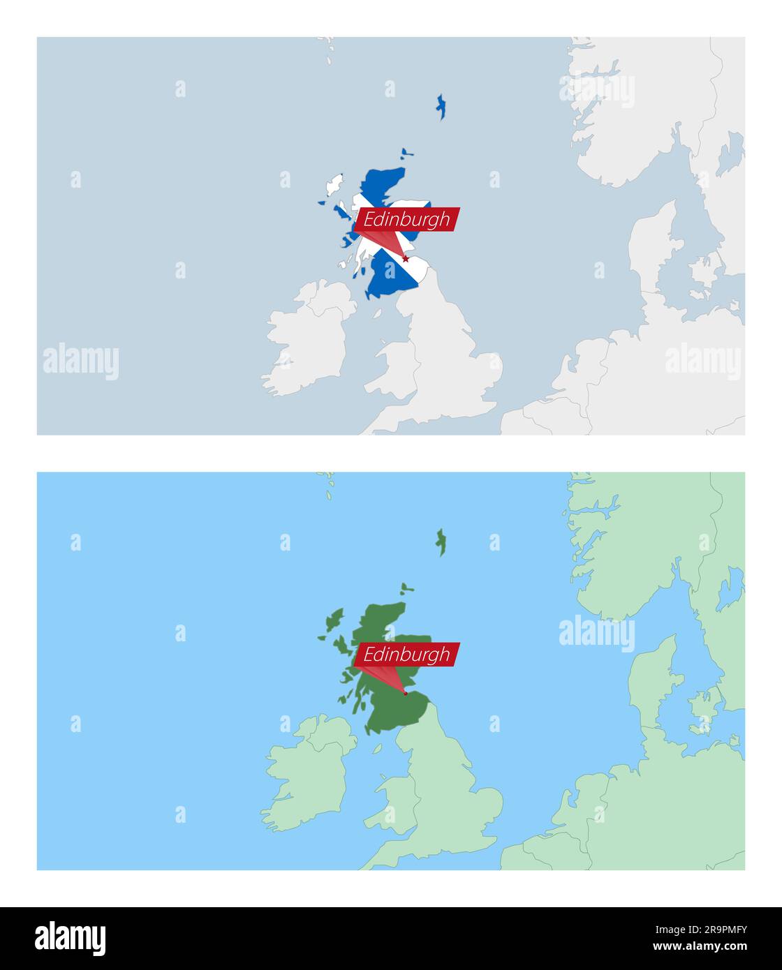Scotland map with pin of country capital. Two types of Scotland map