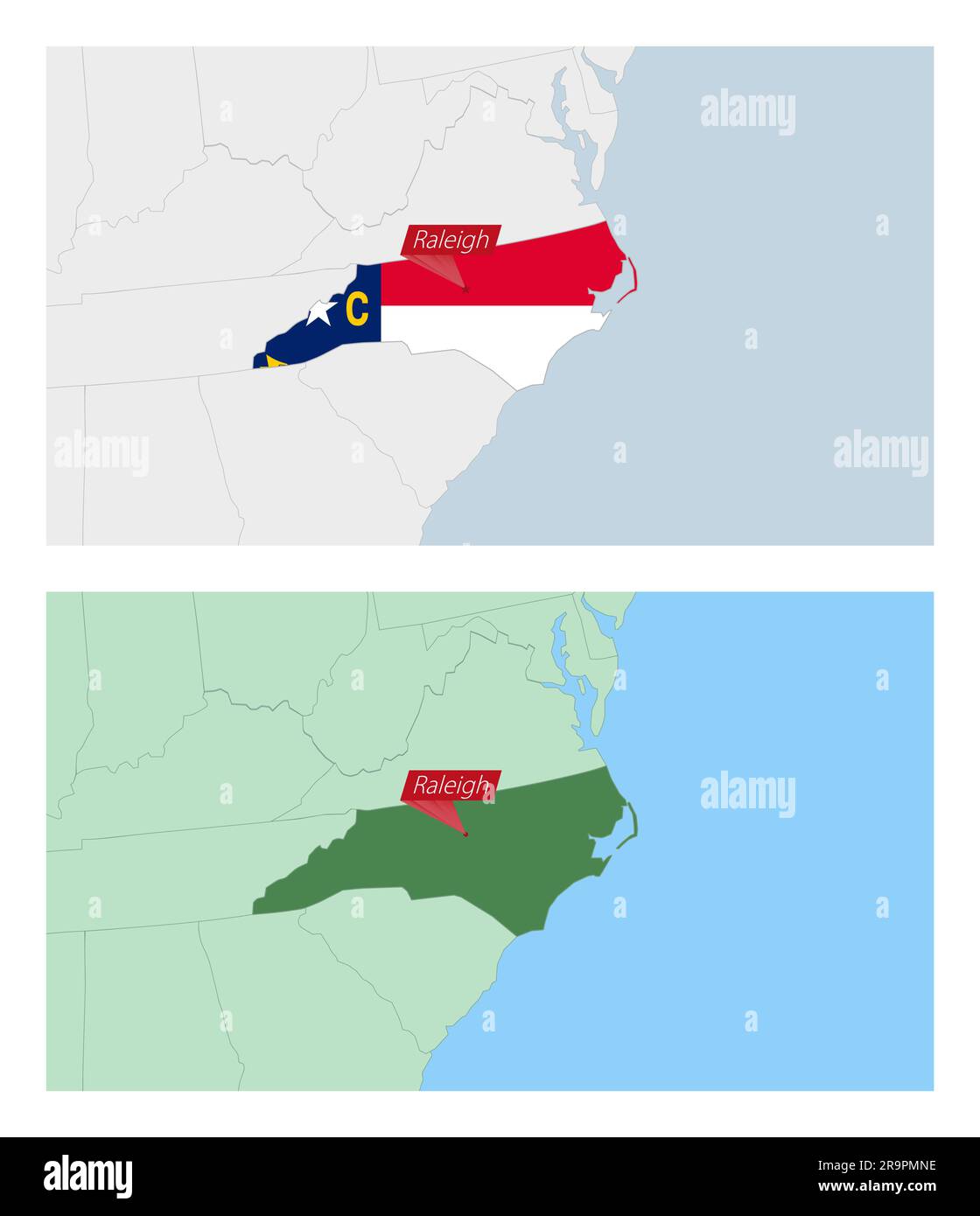 North Carolina map with pin of country capital. Two types of North Carolina map with neighboring