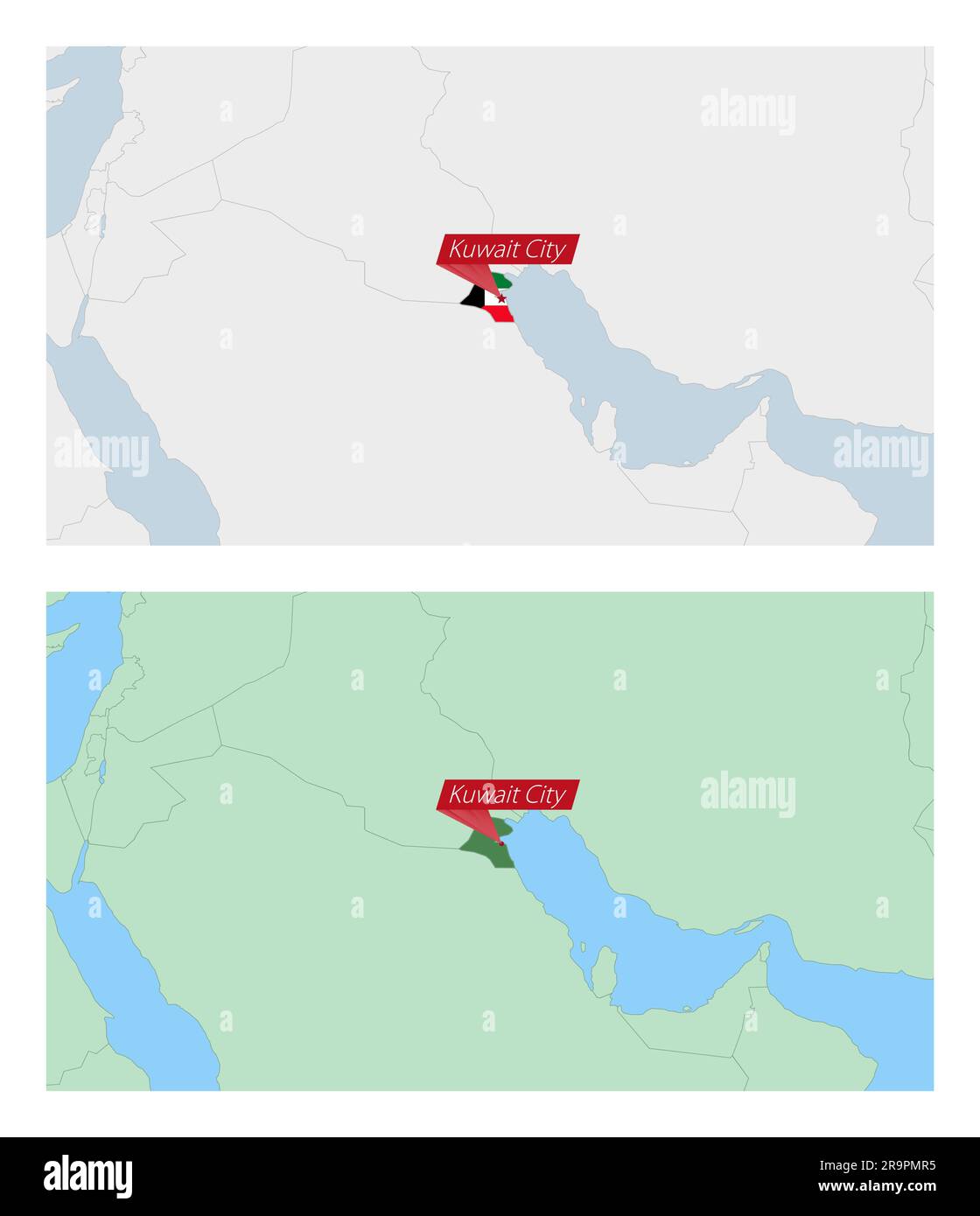 Kuwait map with pin of country capital. Two types of Kuwait map with
