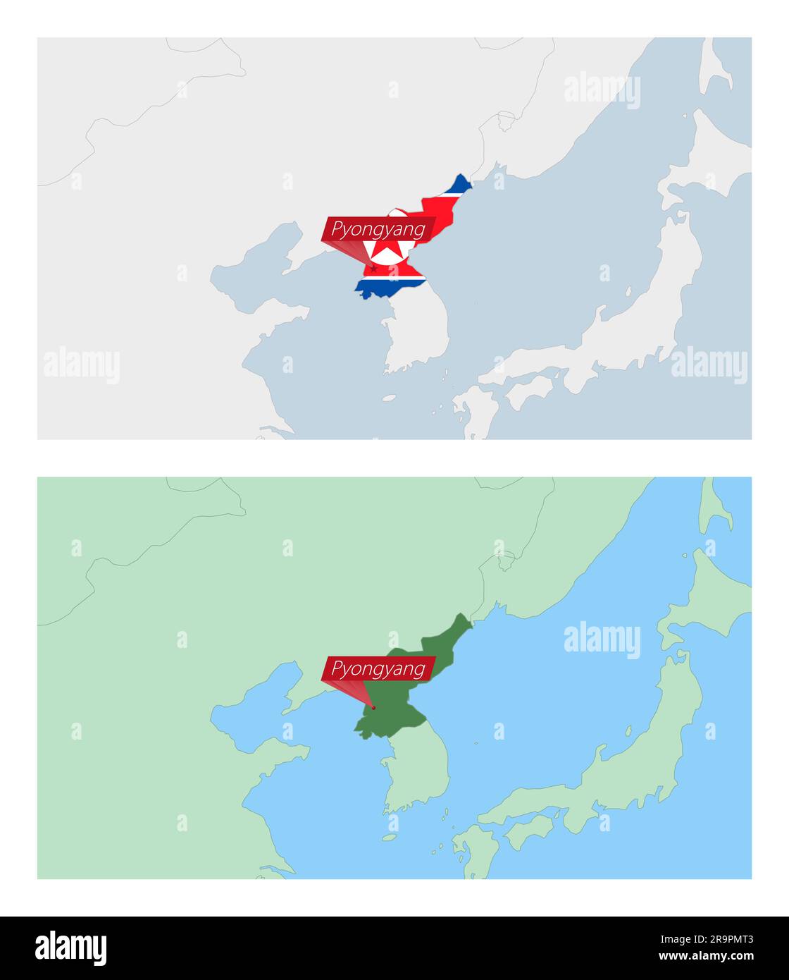 North Korea map with pin of country capital. Two types of North Korea map with neighboring countries. Vector template. Stock Vector