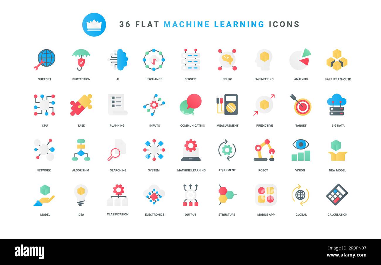 Algorithms and automatic smart processes of AI communication, circuit in digital robot brain, future technology. Machine learning, data analysis trendy flat icons set vector illustration Stock Vector