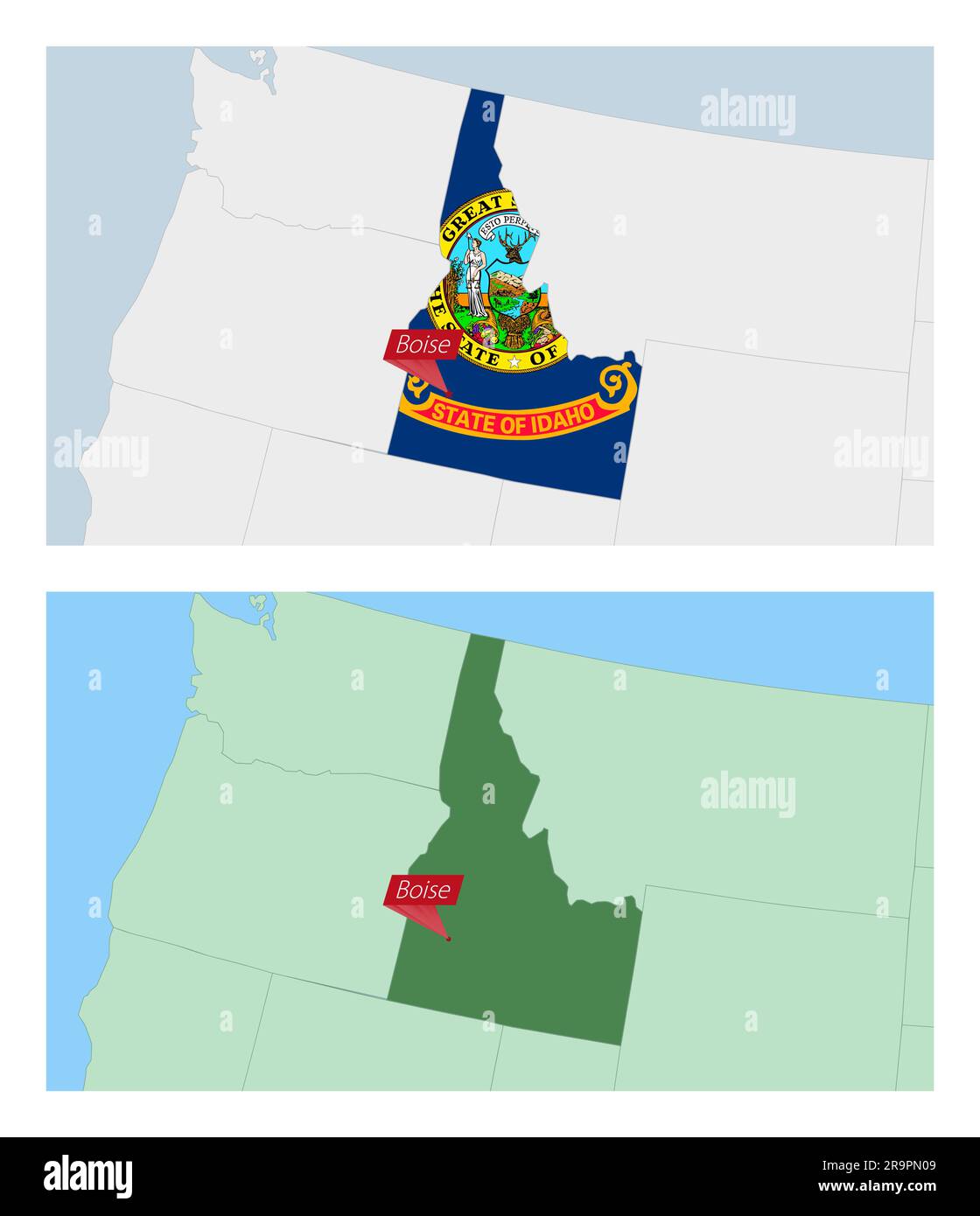 Idaho map with pin of country capital. Two types of Idaho map with