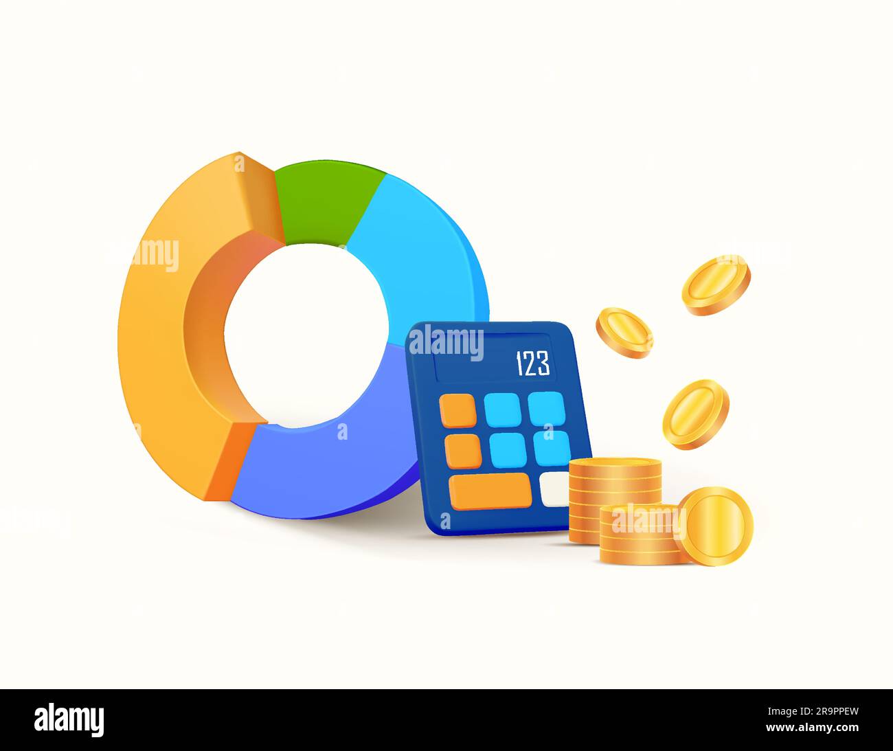 3d donut chart, wheel chart, calculator, stack of coins, isolated on Chart Wheel Calculator