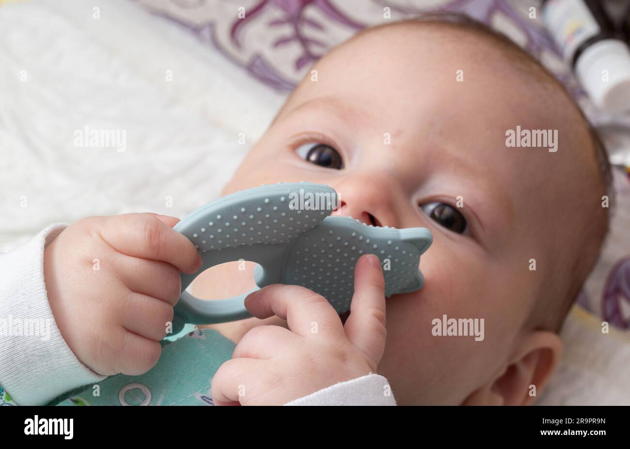 A baby boy plays with a teether during the eruption of the first teeth