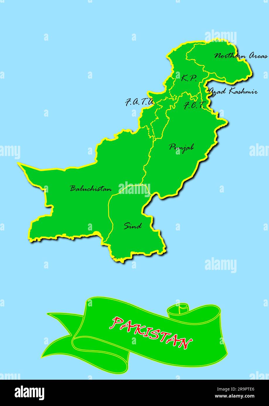 Map of Pakistan with Subregions in Green Country Name in Red Stock Photo