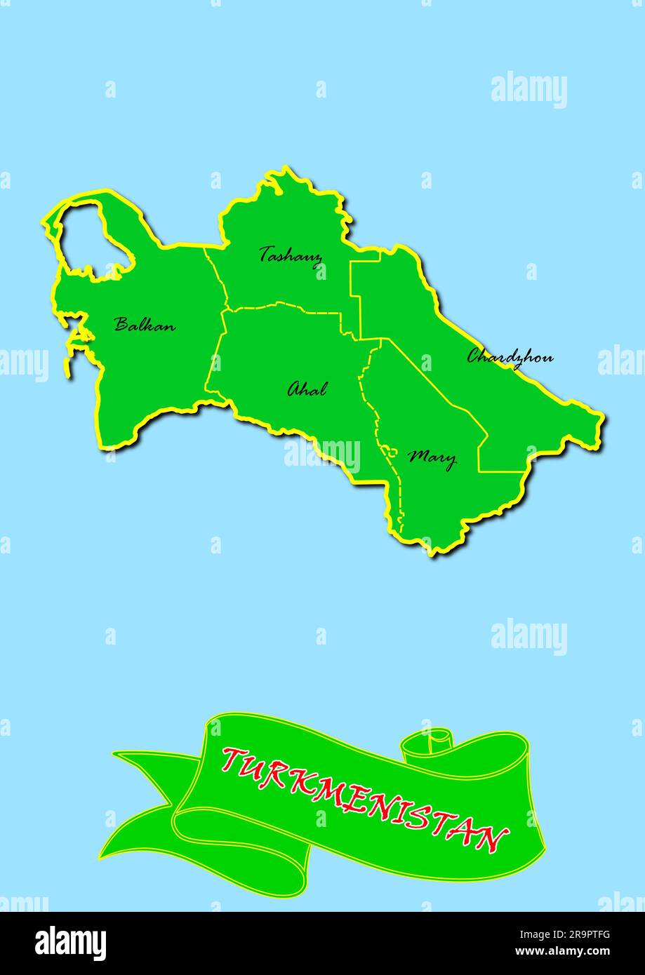 Map of Turkmenistan with Subregions in Green Country Name in Red Stock