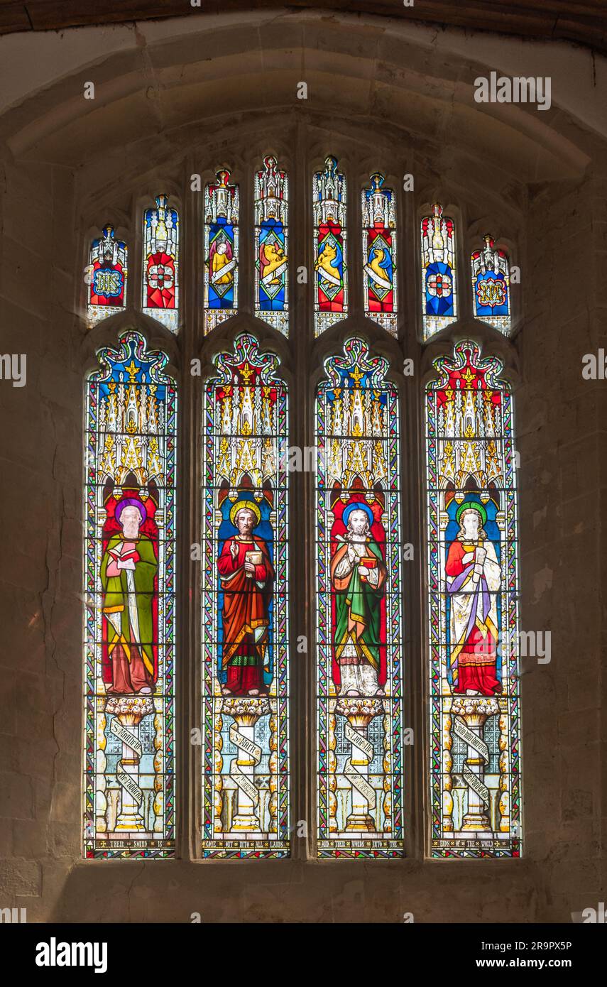 Stained glass window in the Church of St Mary the Virgin, Ivinghoe village, Buckinghamshire, England, UK Stock Photo