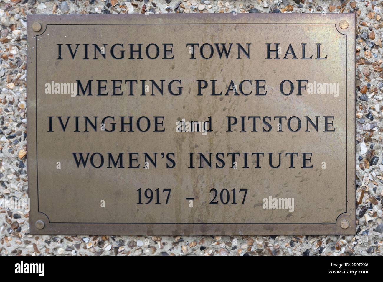 Plaque on Ivinghoe town hall, meeting place of the Ivinghoe and Pitstone Women's Institute 1917 - 2017, centenary, Buckinghamshire, England, UK Stock Photo