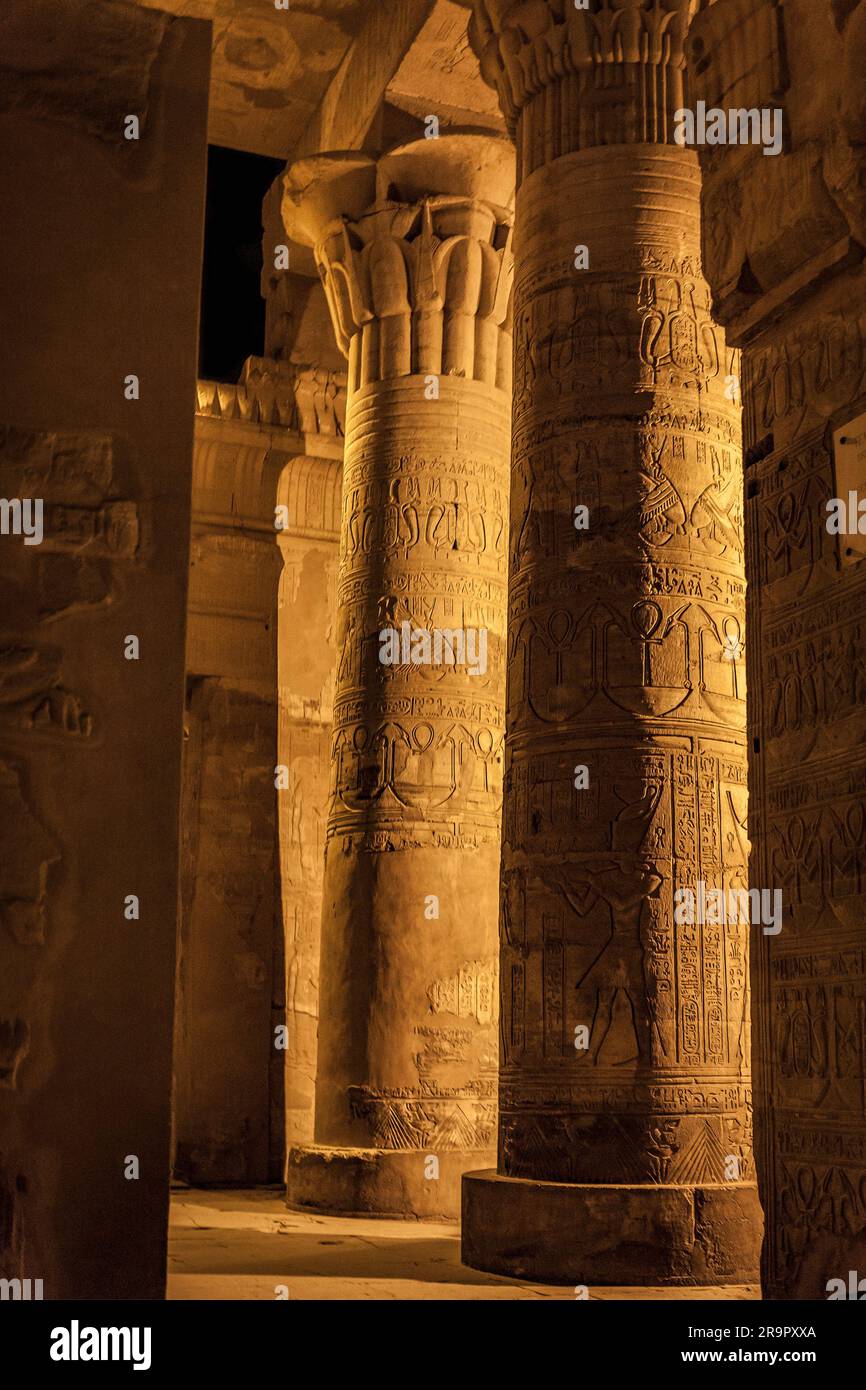 Carved columns at the Temple of Kom Ombo, in Aswan, at night Stock Photo