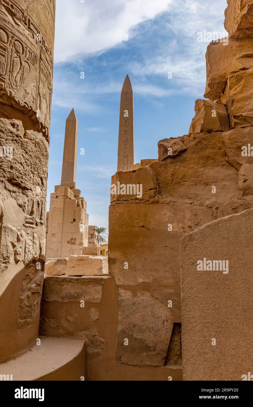 Obelisks of Thutmosis I and Hatshepsut, Karnak, Luxor Stock Photo