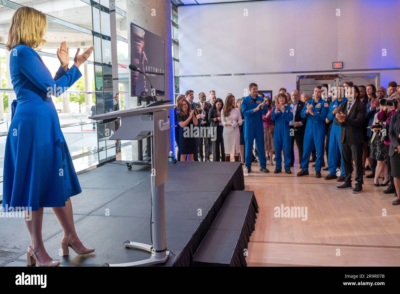 Artemis II Crew Canadian Embassy Reception. Ambassador of Canada to the United States Kirsten Hillman delivers introductory remarks during a reception with NASA astronauts Reid Wiseman, Victor Glover, Christina Hammock Koch, and CSA (Canadian Space Agency) astronaut Jeremy Hansen, Wednesday, May 17, 2023, at the Canadian Embassy in Washington. Wiseman, Glover, Koch, and Hansen, who will fly around the Moon on NASA’s Artemis II flight test, visited Washington to discuss their upcoming mission with members of Congress and others. Stock Photo
